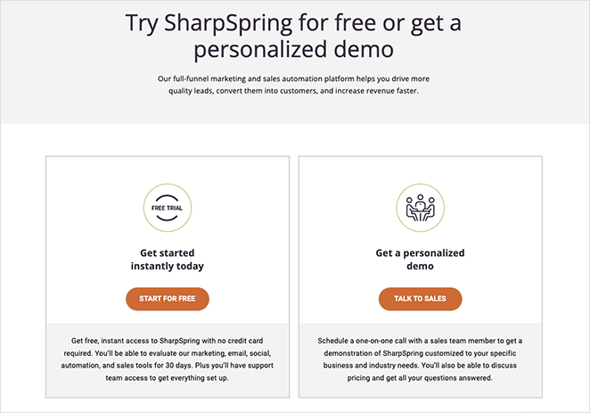 SharpSpring get started landing page