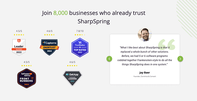 SharpSpring testimonials and awards