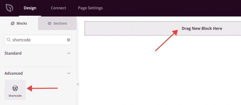 dragging the shortcode block to your page