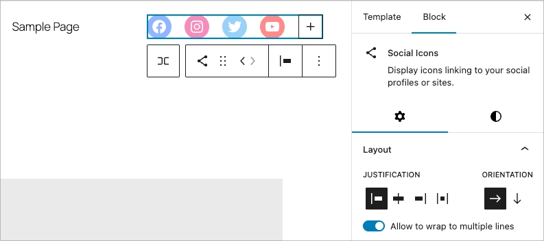 Adding social media icons in the header in WordPress block editor