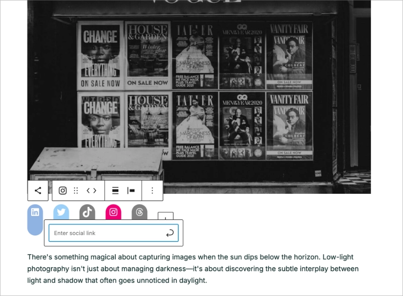 Enter the URL for your social media platform into the social icon block.