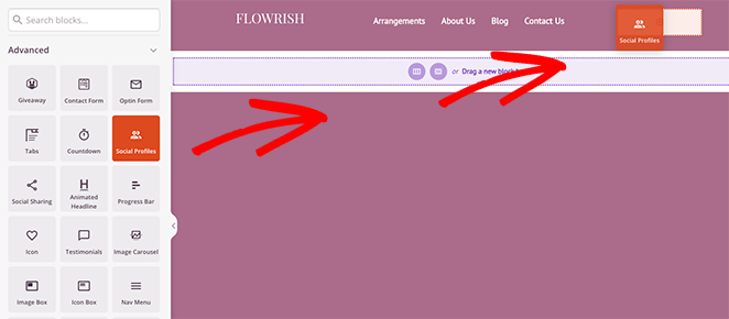 Drag and drop the Social Profiles block