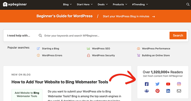 WordPress social media icons in WPBeginner sidebar