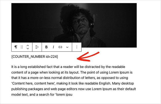 Paste number counter shortcode into WordPress page