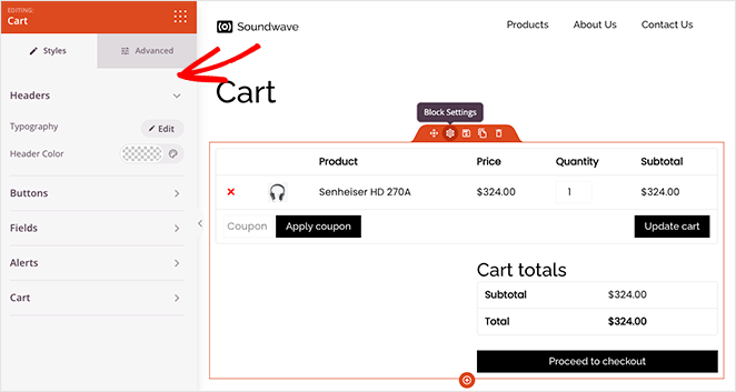 SeedProd cart block settings