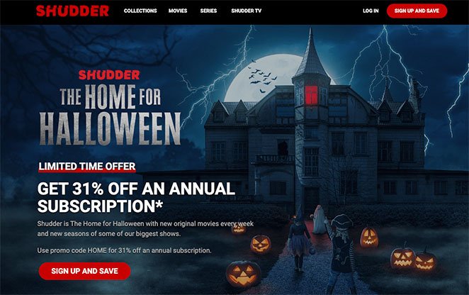 Shudder page d'atterrissage des médias sociaux offre d'Halloween