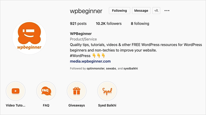 WPBeginner lien instagram