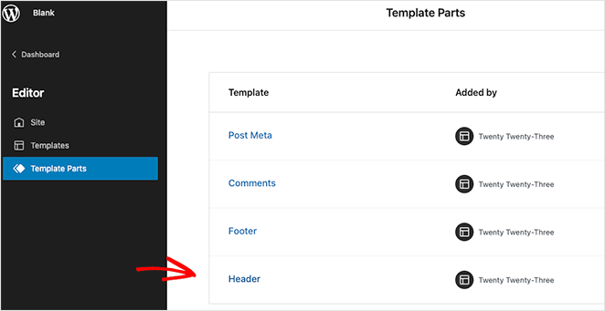 WordPress theme editor header template part