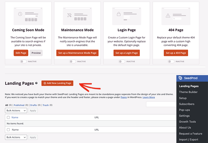 SeedProd landing page builder dashboard