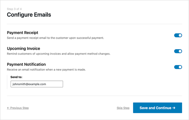 WP Simple Pay email settings