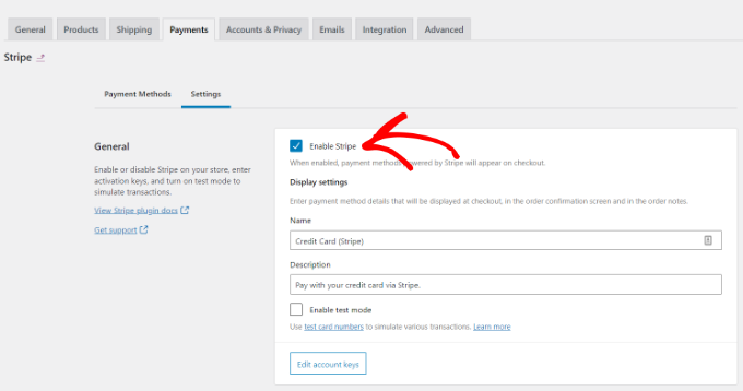 Enable Stripe payments in WooCommerce