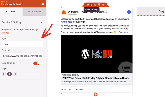 facebook-embed-block-settings - SeedProd Facebook embed block settings