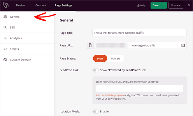 General landing page settings