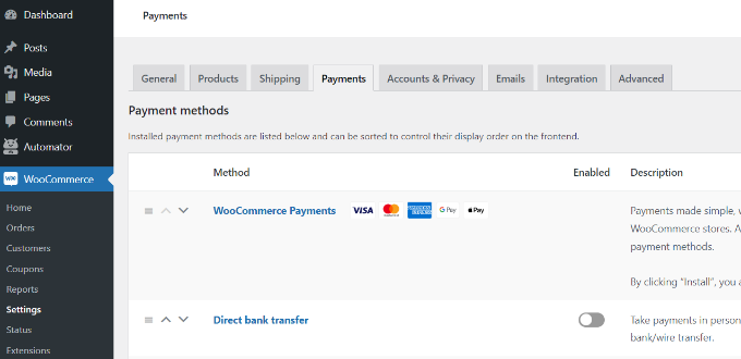 WooCommerce payments tab