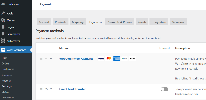 Paramètres de paiement WooCommerce