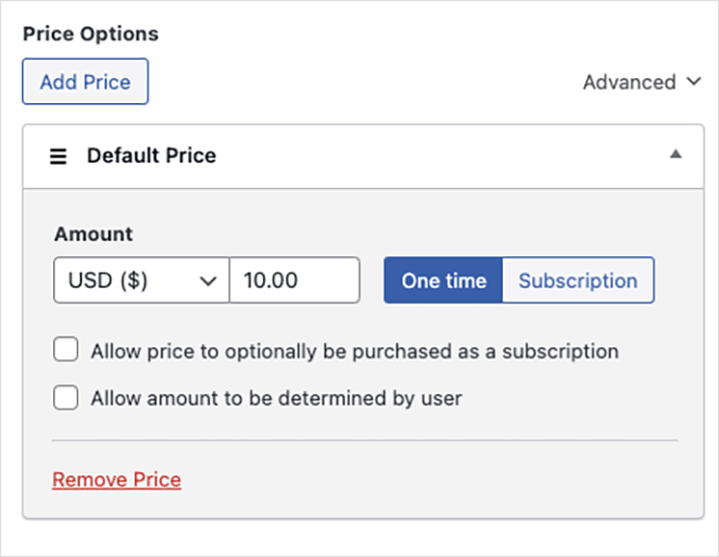 Payment button price options