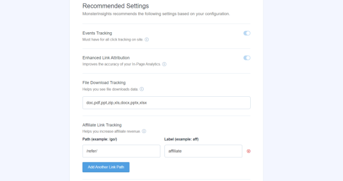 MonsterInsights recommended settings
