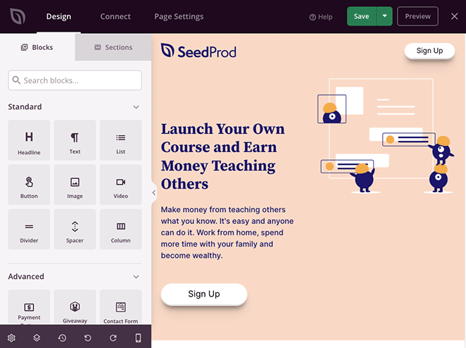 SeedProd drag and drop page builder