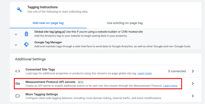 Select the measurement protocol API secrets options