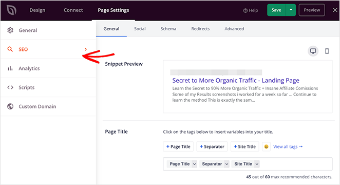 Landing page SEO settings