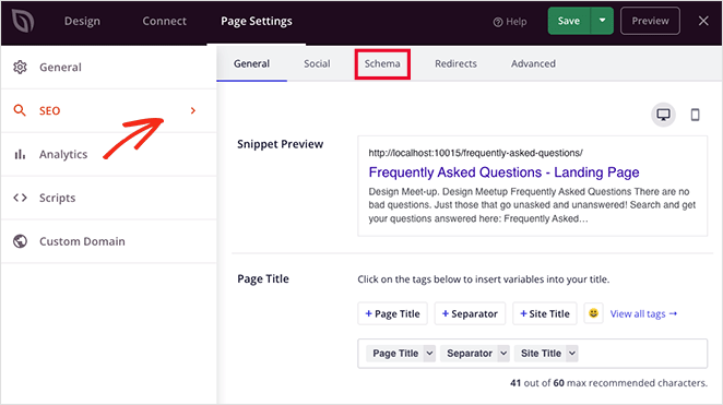 Open landing page SEO settings