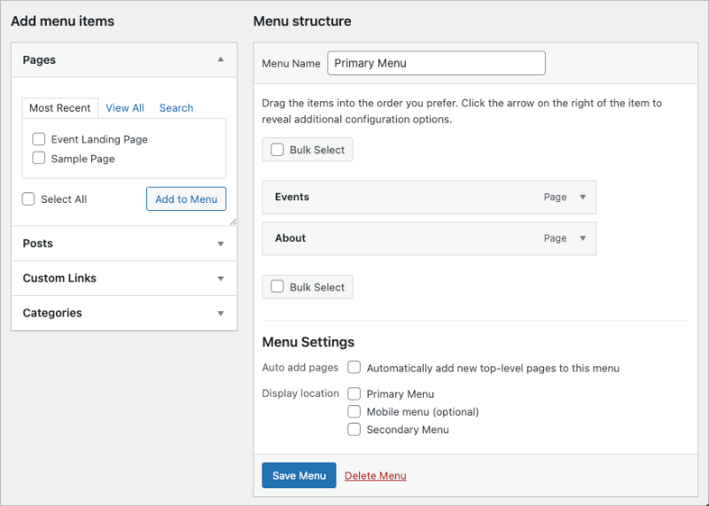 Adding a new menu in the classic WordPress theme