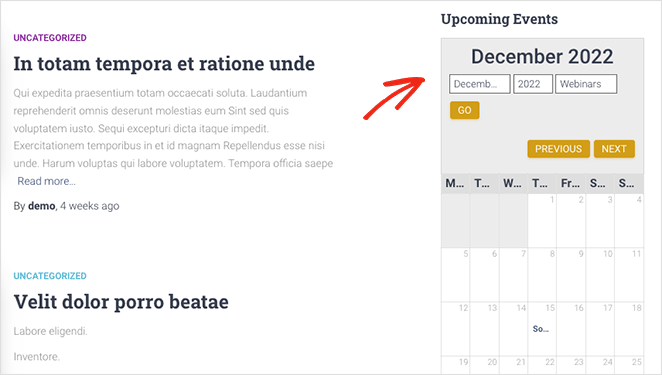 WordPress calendar in sidebar example