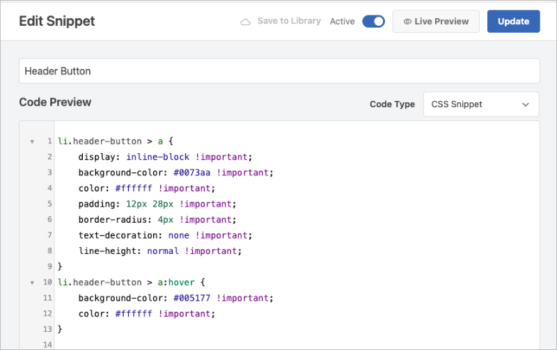 Adding custom menu button CSS snippet in WPCode