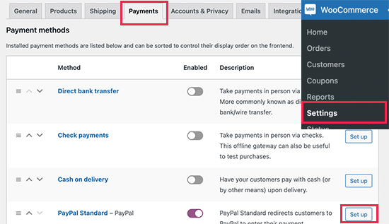 Paramètres de paiement WooCommerce