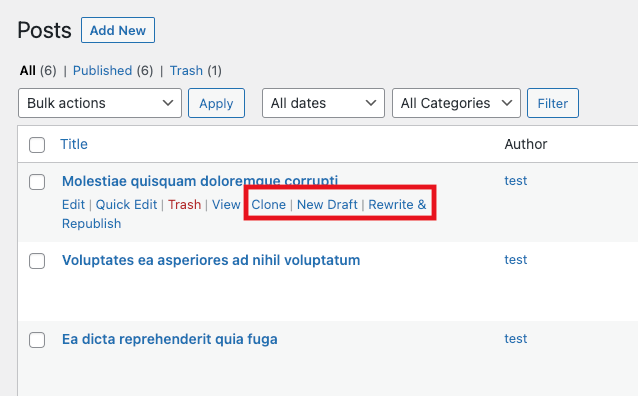 Clone, draft and rewrite with duplicate post plugin