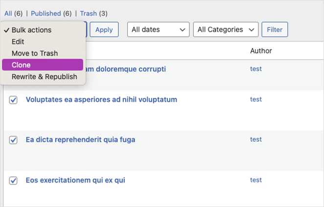 Dupliquer en masse des articles avec l'option d'actions en masse