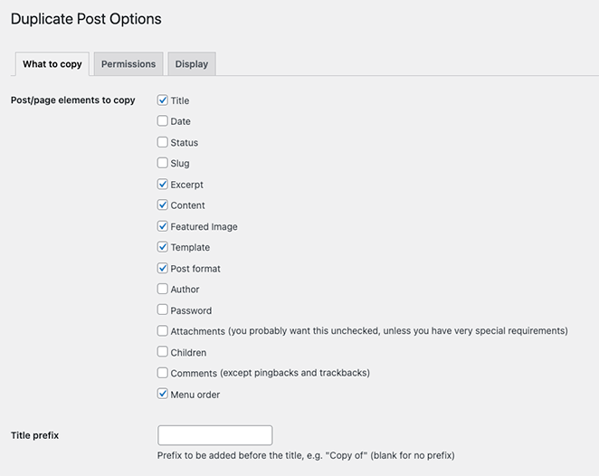 Options du plugin de duplication d'articles