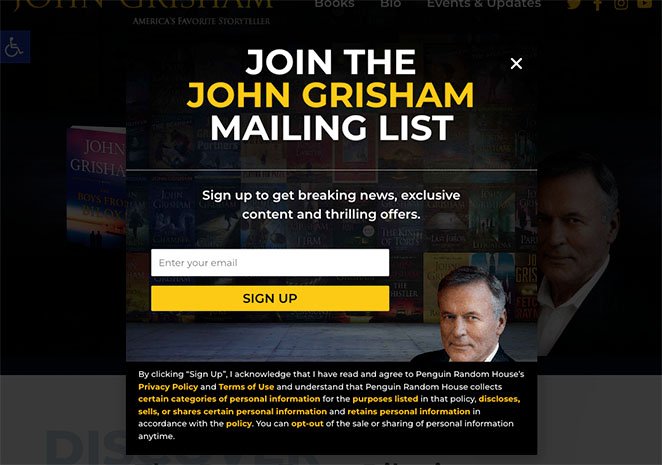 John Grisham newsletter signup popup