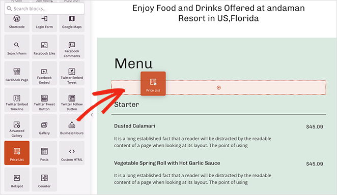 Add the SeedProd Price List block to learn how to make a price list