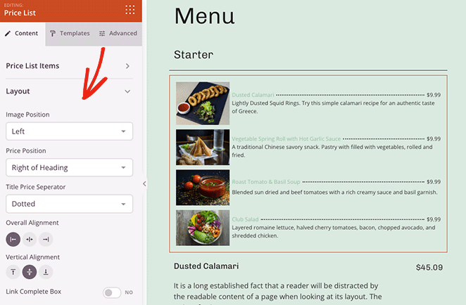 price-list-layout-settings - SeedProd Customize the price list layout settings