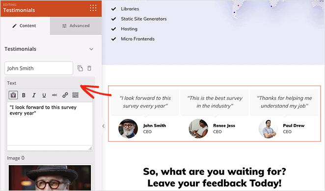 Add testimonials to your survey landing page
