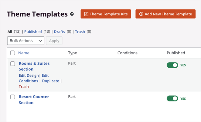 Theme template kit parts