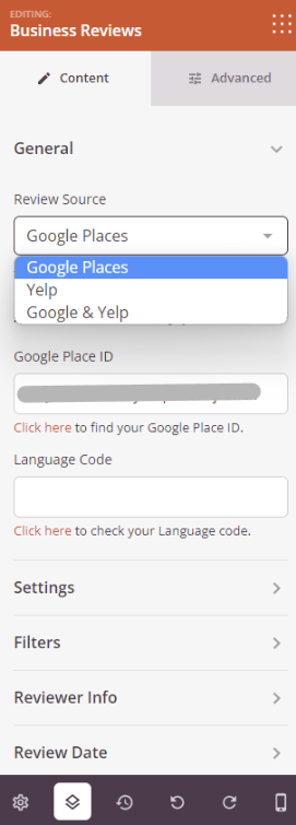Business Reviews block settings