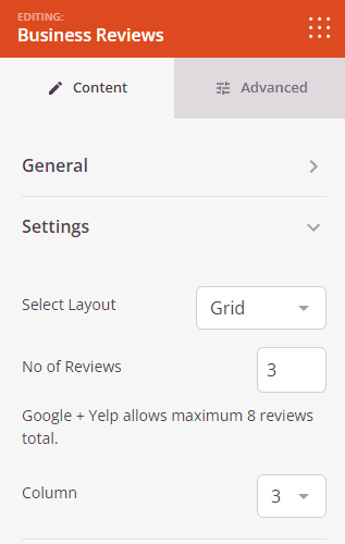 Business reviews block settings tab
