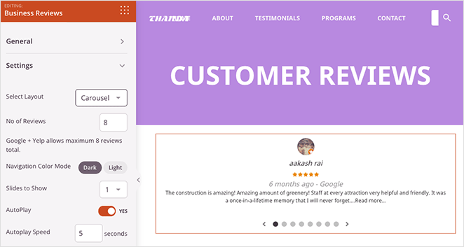 Business reviews carousel layout