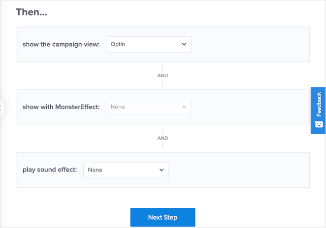 Paramètres des actions de campagne OptinMonster