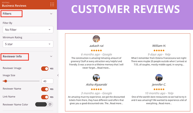 Business review filters and reviewer info settings