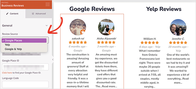 Google Places and Yelp reviews in separate feeds