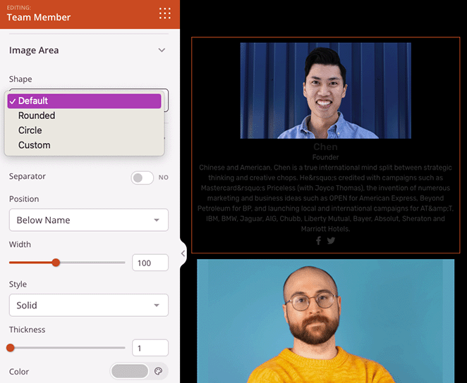 Team member image and separator settings