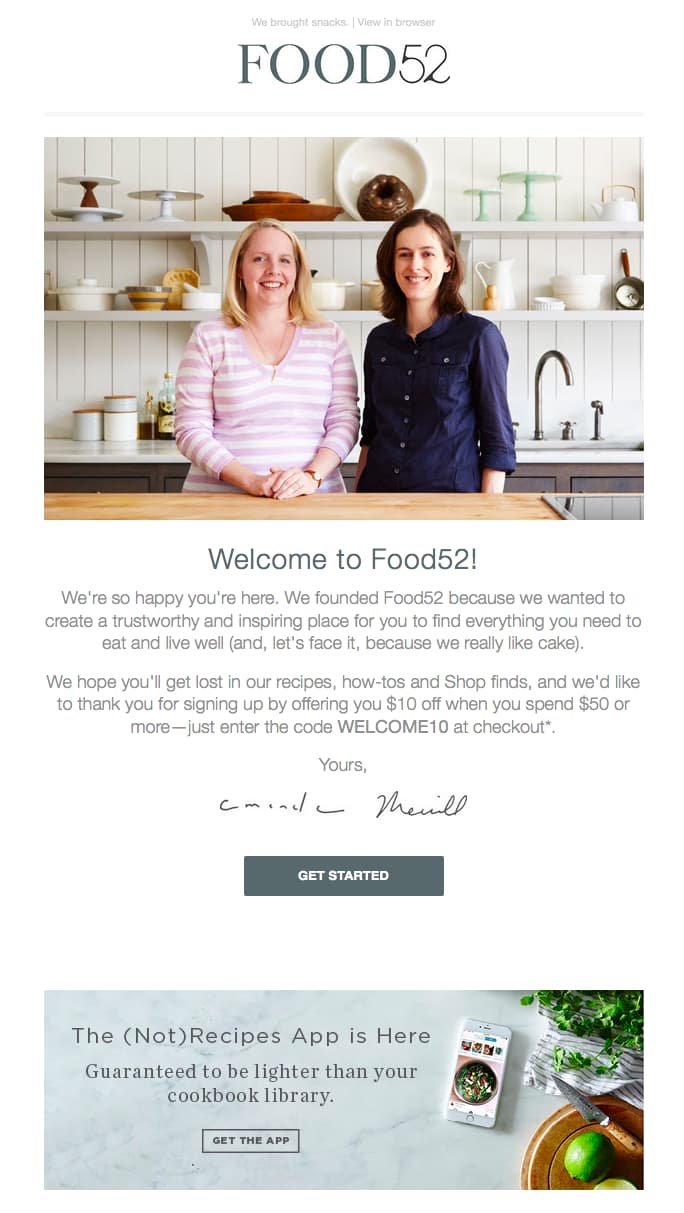 Food 52 welcome message email example