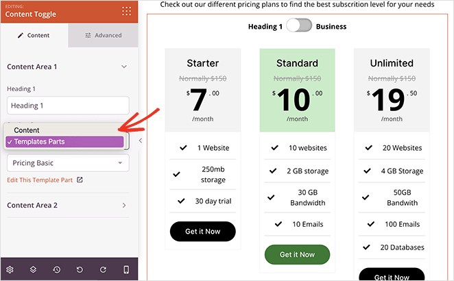 Content Toggle using SeedProd template parts