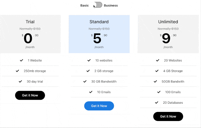 Pricing table Content Toggle example