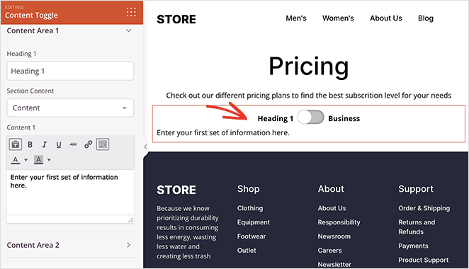 Content Toggle block settings