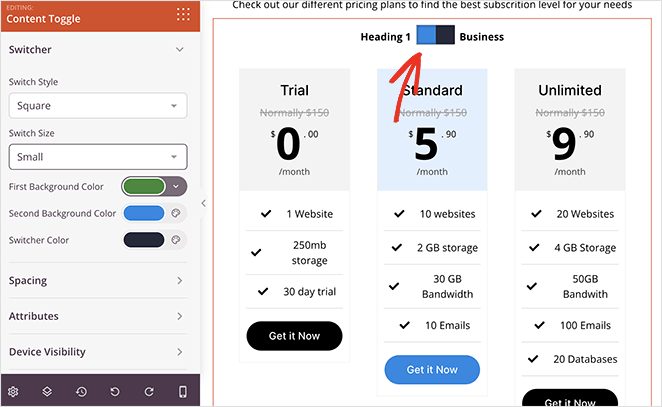 Content Toggle block switcher style options