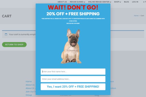 A website popup offering a 20% discount and free shipping with a picture of a dog, prompting the visitor to enter their first name and email address for the offer